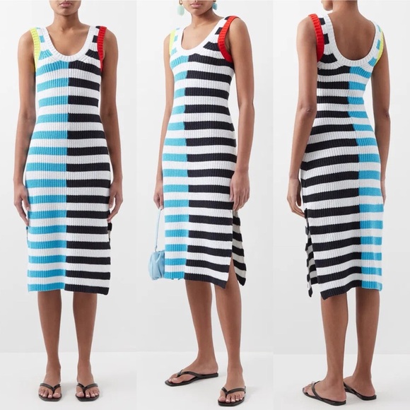 Staud Seashore striped rib-knit cotton-blend midi dress in captain stripe Small